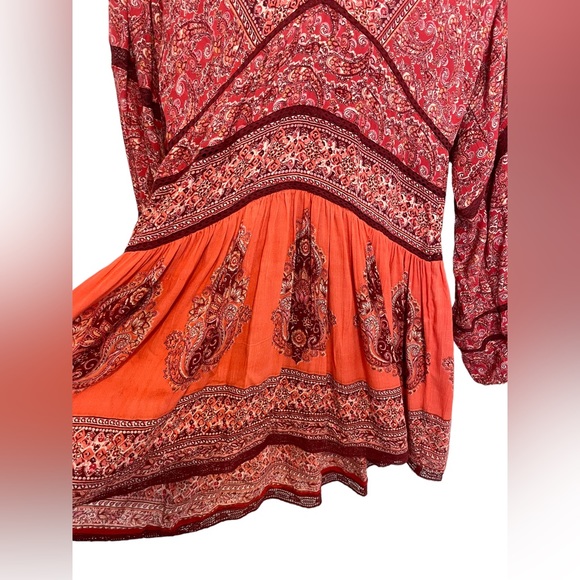 Free People Boho Dress Luna Scarf Print Red Coastal Cowgirl Balloon Sleeves XS - Picture 14 of 15